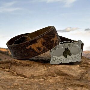 Vintage Wrangler Western Horse Tooled Leather Belt Metal Buckle Women 26 Waist